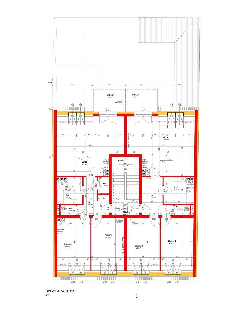 Grundriss des Dachgeschosses mit mehreren Zimmern und Balkonen, detailliert dargestellt.
