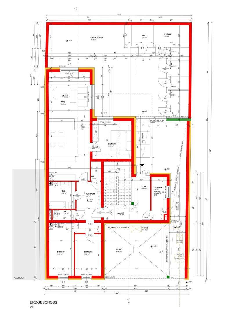 Grundriss des Erdgeschosses mit offenem Wohnbereich, Garten- und Terrassenzugang sowie Carport.