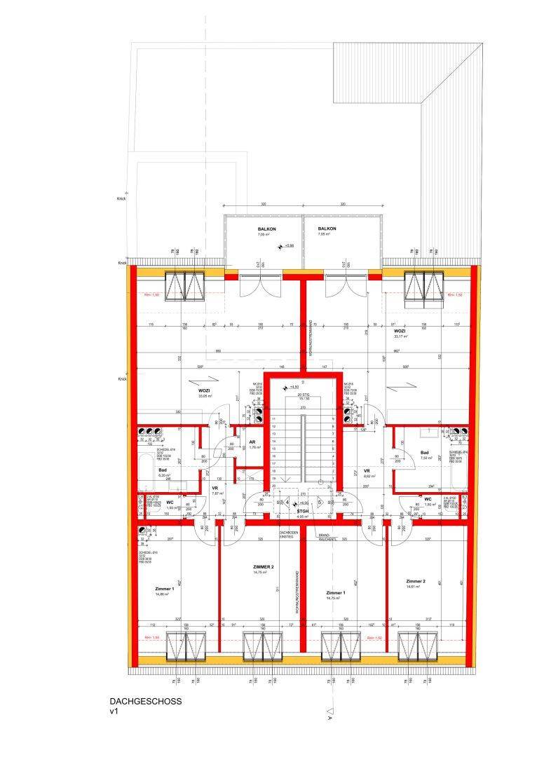 Grundriss des Dachgeschosses mit Zimmern, Bädern, Balkonen und Dachschrägen.