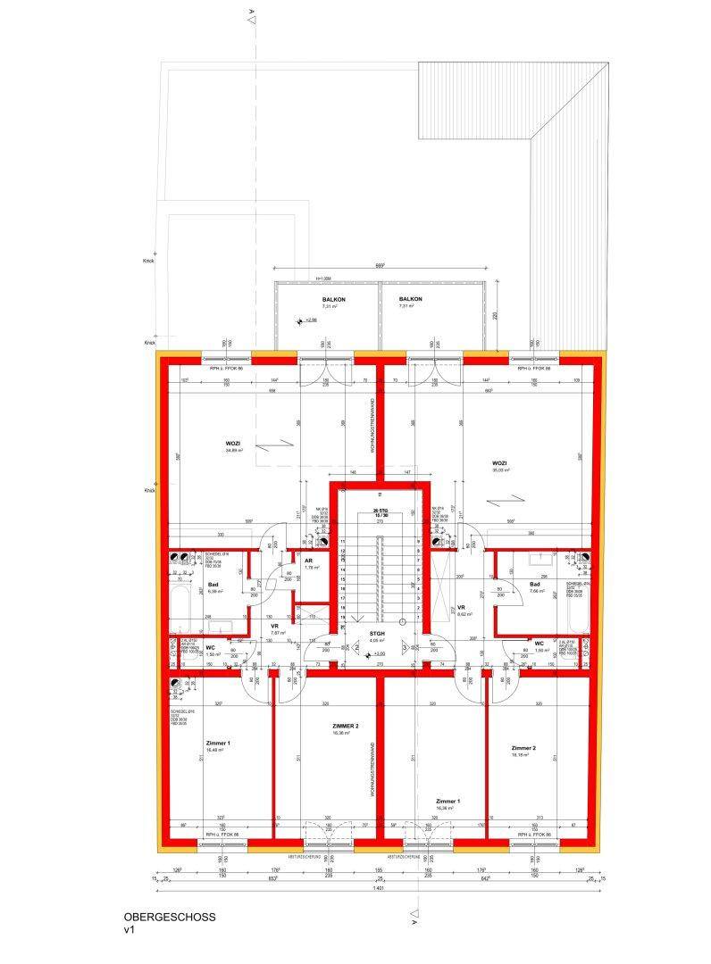 Grundriss des Obergeschosses mit mehreren Zimmern, zwei Bädern und Balkonen.