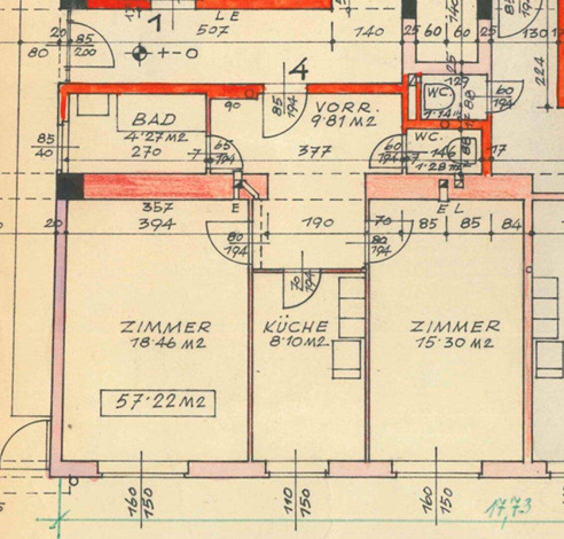 Grundriss einer Wohnung mit Bad, WC, Vorraum, Küche und zwei Zimmern.