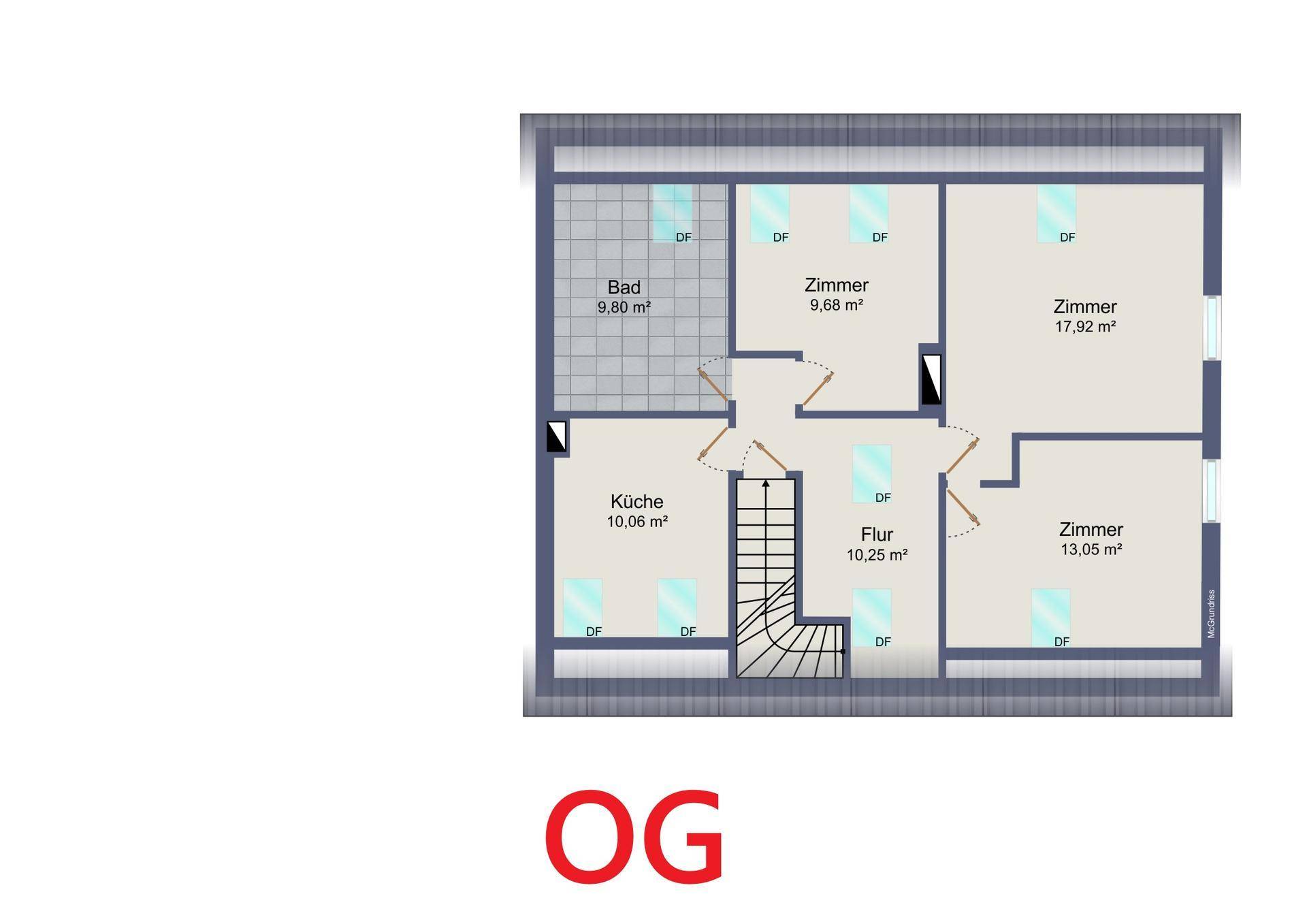 Grundriss des Obergeschosses mit Küche, Bad und drei weiteren Zimmern.