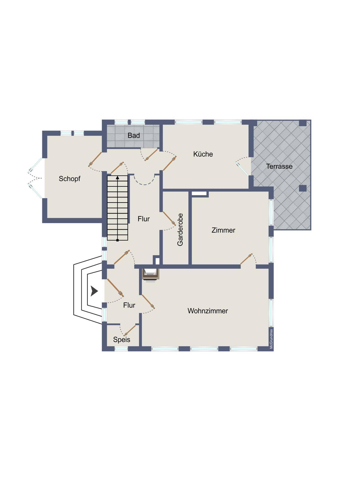 Grundriss des Erdgeschosses mit Wohnzimmer, Küche, Bad und Terrasse.