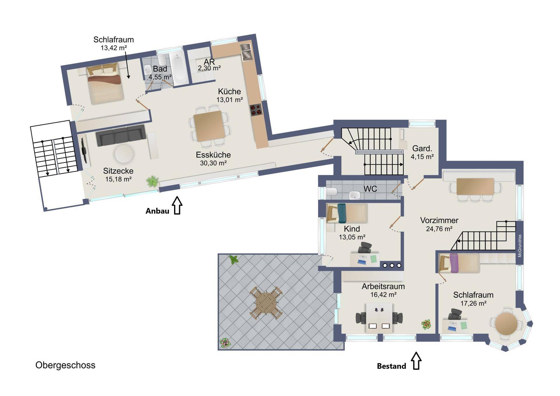 Grundriss des Obergeschosses mit Schlafzimmern, Küche, Bad und Terrasse.