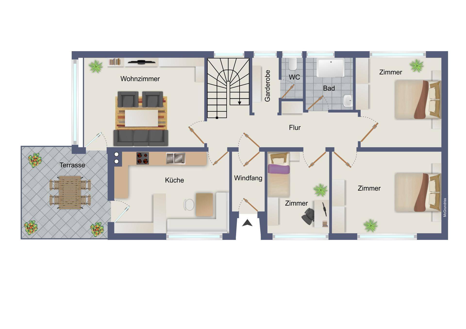 Grundriss des Erdgeschosses mit Wohnzimmer, Küche, Terrasse, Schlafzimmern und Bad.