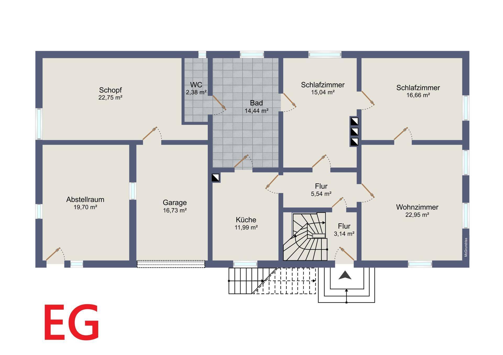 Grundriss des Erdgeschosses mit Wohnzimmer, Schlafzimmern, Küche, Bad und Garage.