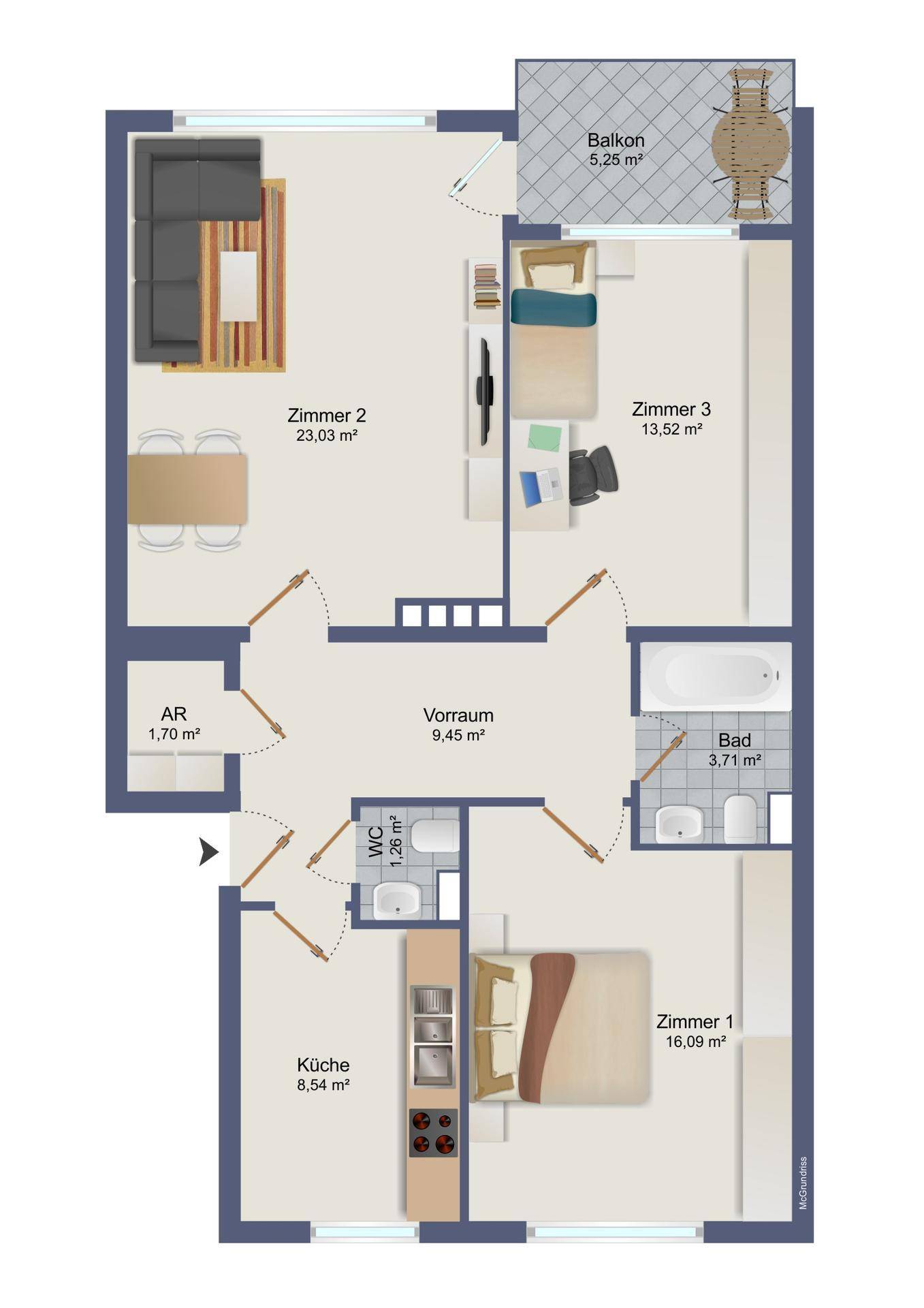 Detaillierter Grundriss der Wohnung mit drei Zimmern, Küche, Bad, WC und Balkon.