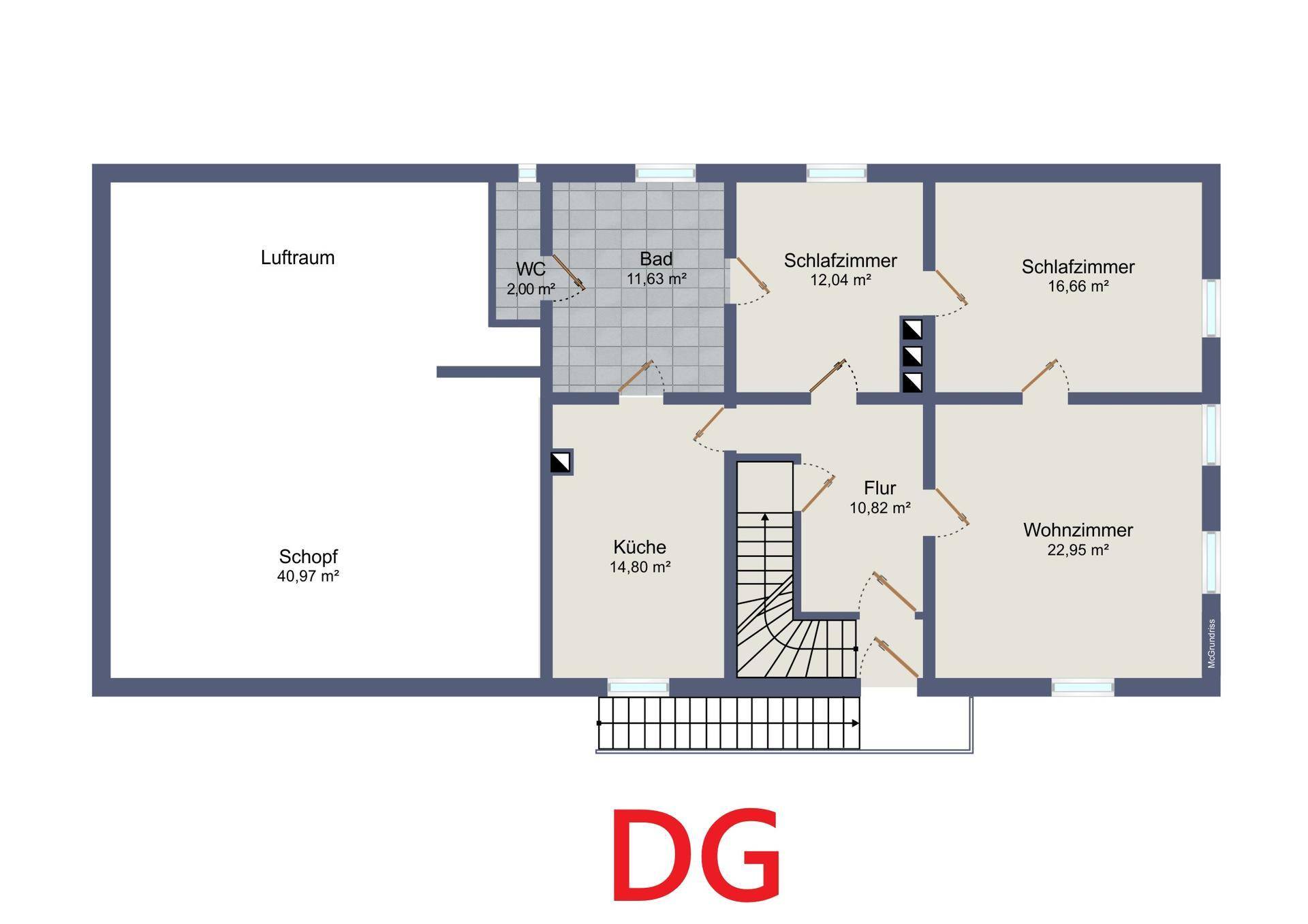 Grundriss des Dachgeschosses mit Wohnzimmer, Schlafzimmern, Küche, Bad und Schopf.