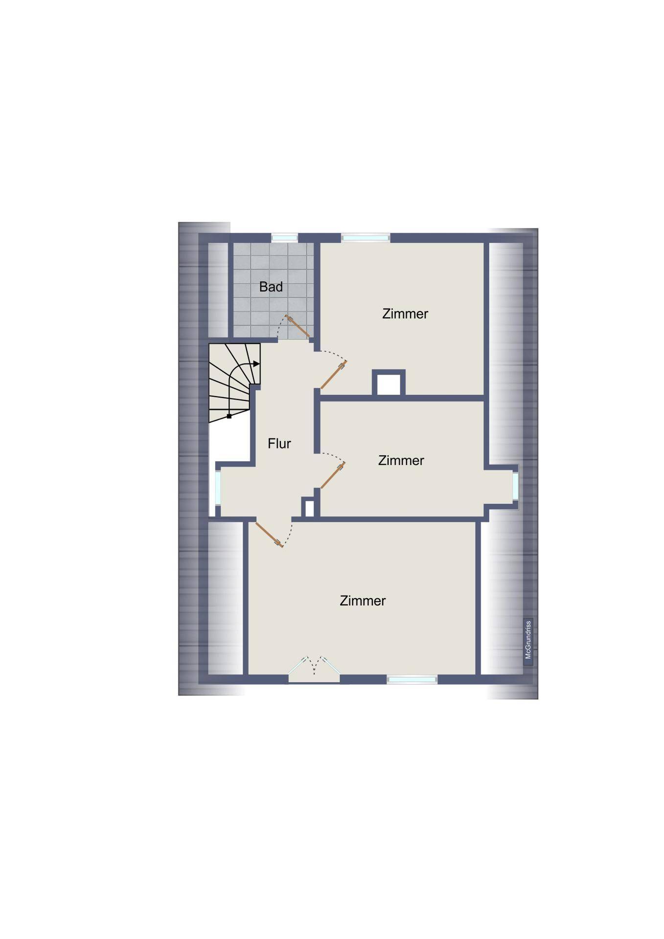 Grundriss des Obergeschosses mit drei Zimmern und einem Badezimmer.