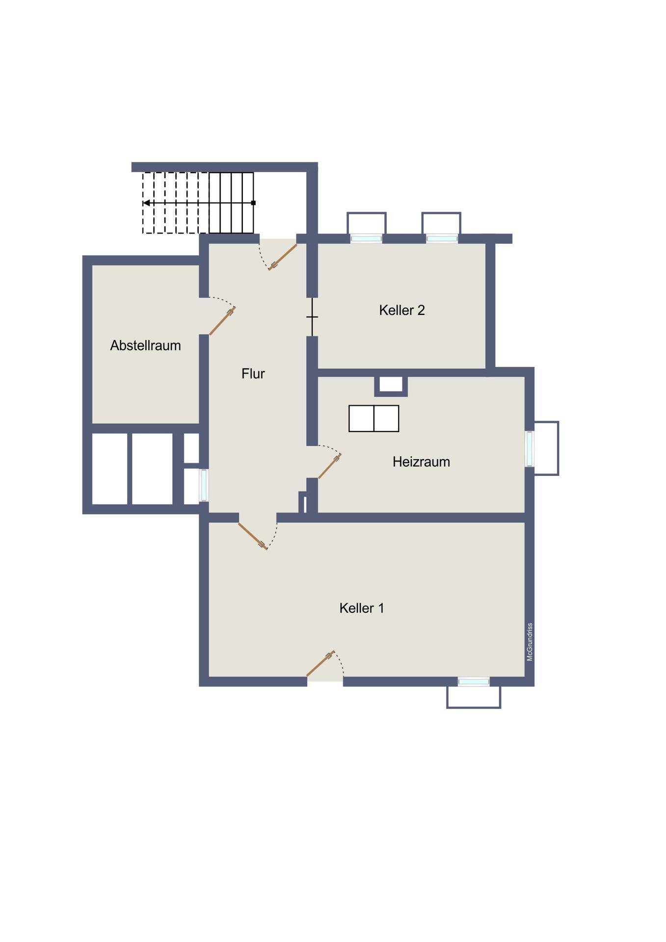 Grundriss des Kellergeschosses mit Abstellräumen und Heizraum.