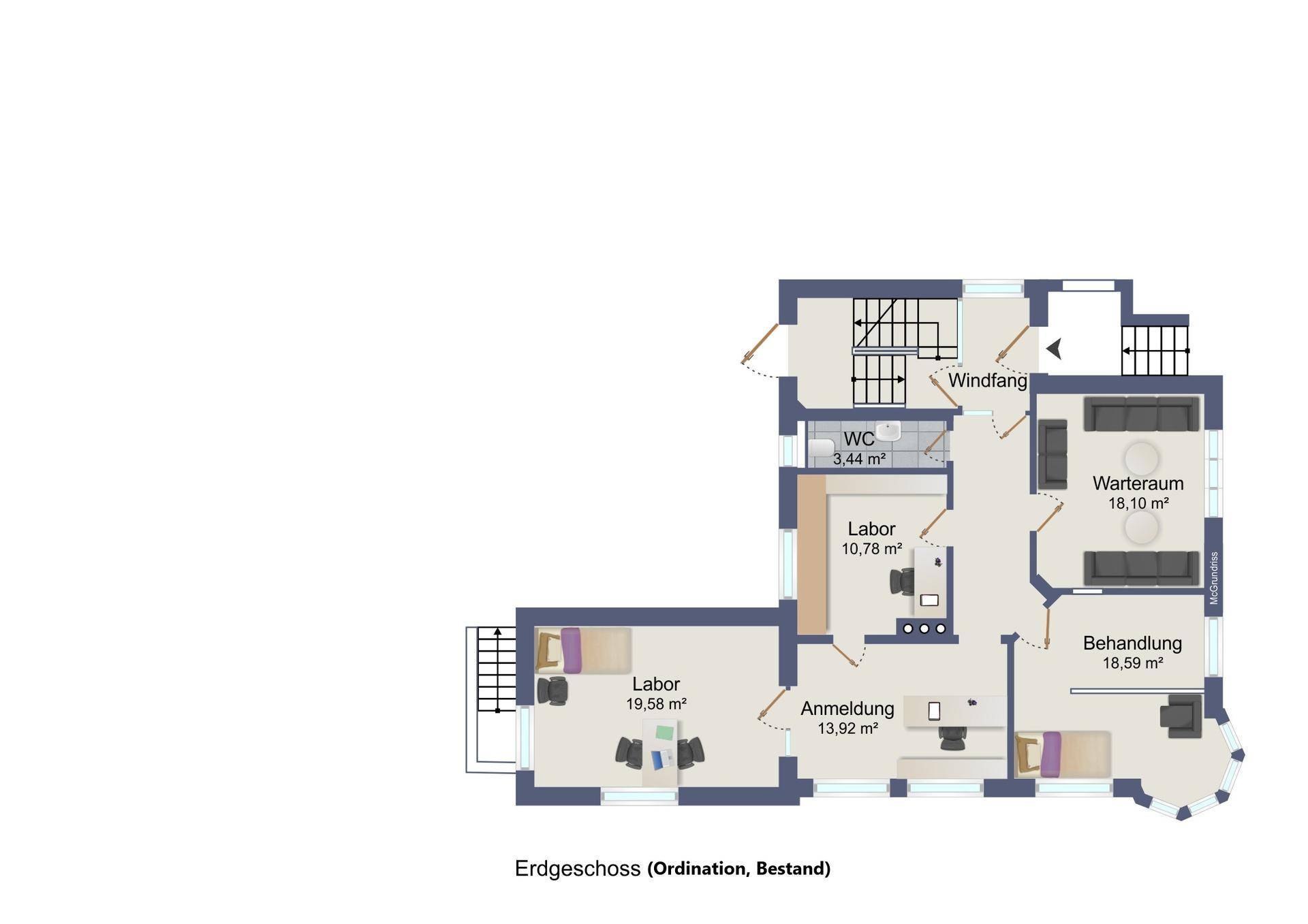 Grundriss des Erdgeschosses mit Wartebereich, Behandlungsräumen und WC.