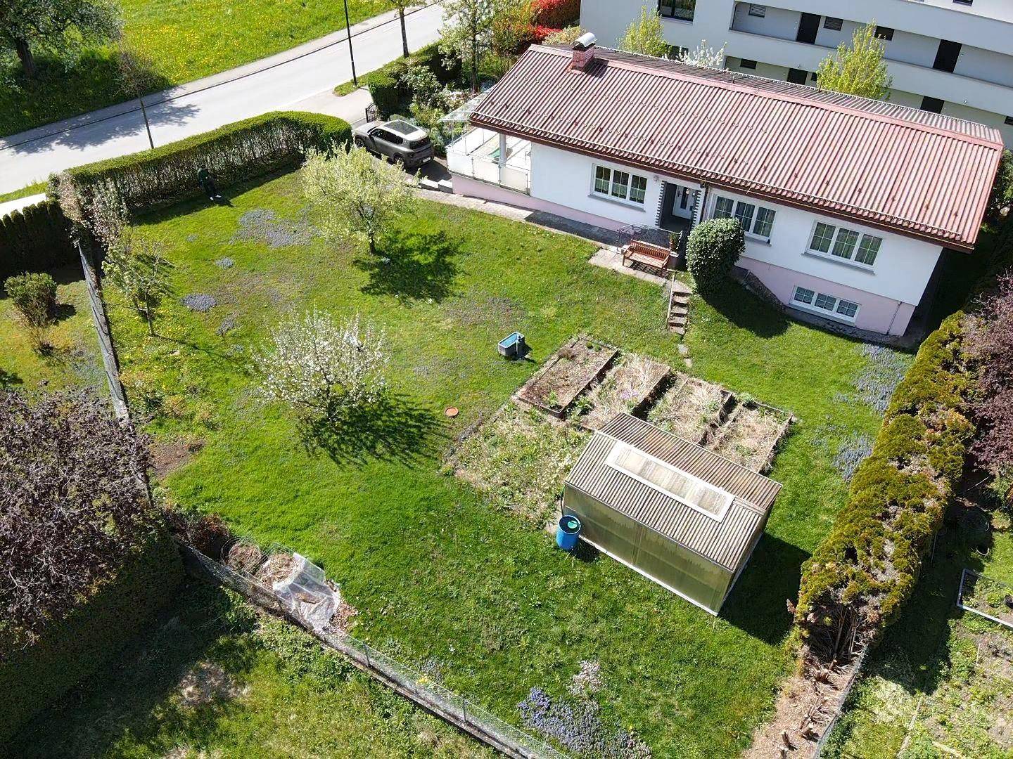 Einfamilienhaus mit weitläufigem Garten, Gewächshaus und blühenden Bäumen in sonniger Lage.