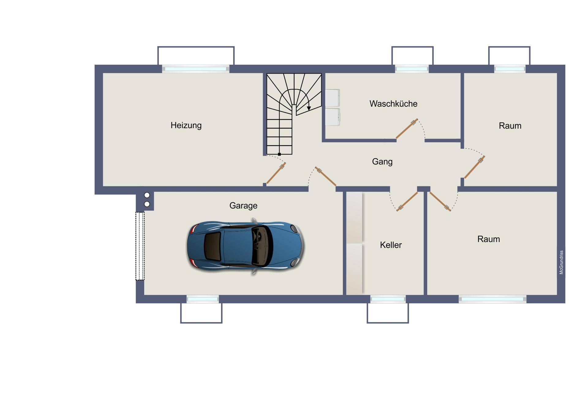 Grundriss des Untergeschosses mit Heizraum, Waschküche, Keller, Garage und weiteren Räumen.