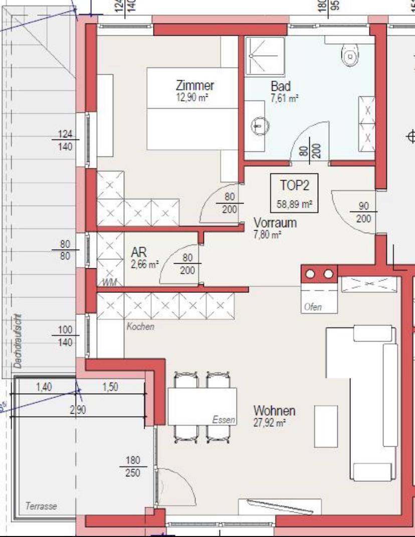 Grundriss der Wohnung TOP2 mit Wohnbereich, Küche, Schlafzimmer und Terrasse.