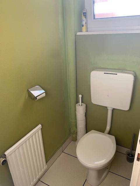 Kleine Toilette mit hellgrünen Wänden, einer Standard-Toilette und einem Heizkörper unter dem Fenster.