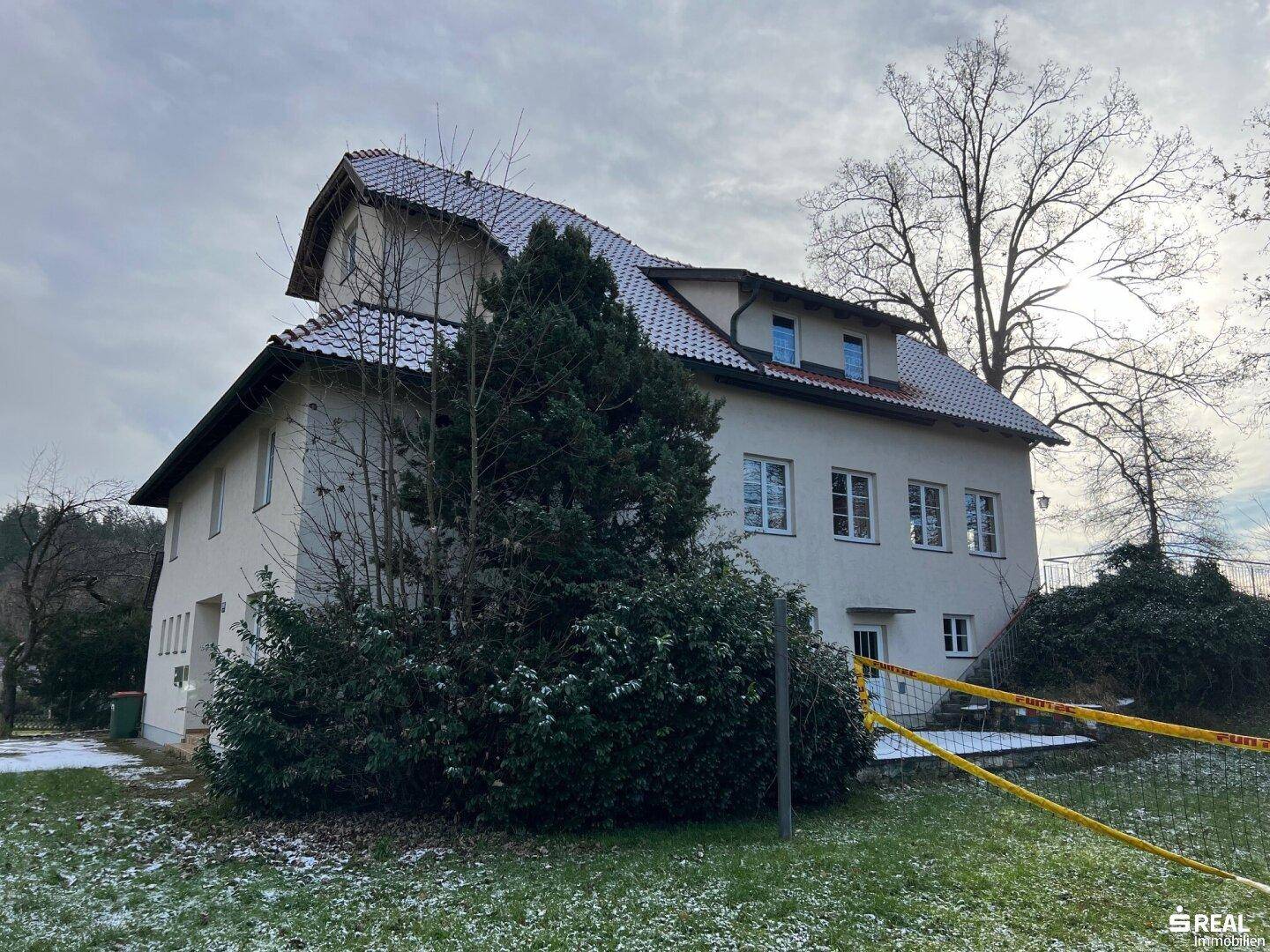 Seitenansicht des Hauses umgeben von Bäumen und Sträuchern mit leichtem Schneefall im Garten.