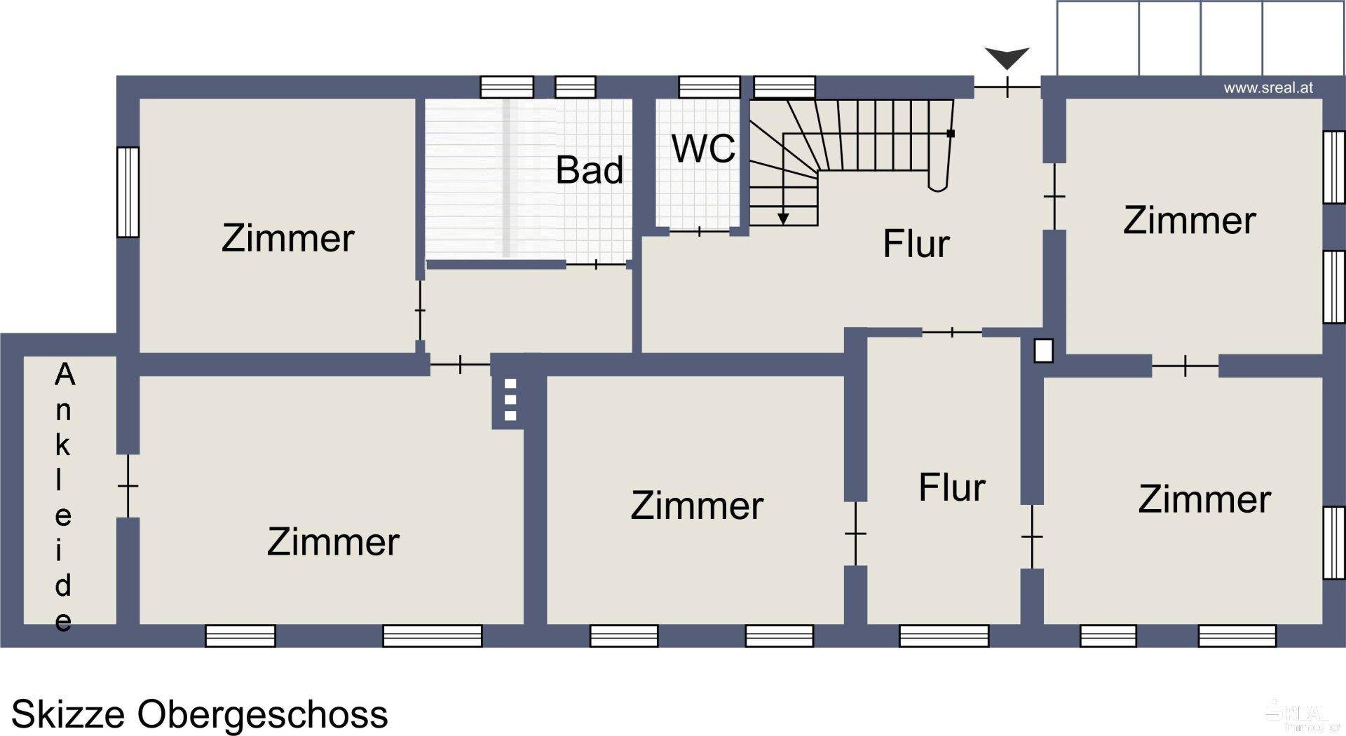 Grundriss des Obergeschosses mit mehreren Zimmern, Bad und WC.