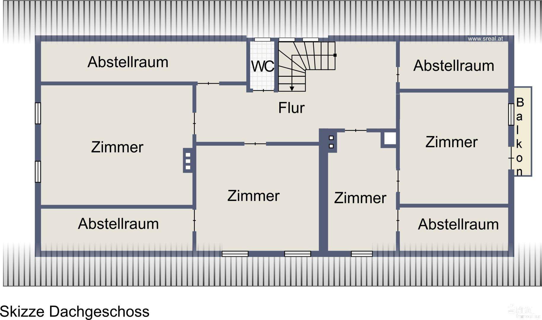 Grundriss des Dachgeschosses mit Abstellräumen, Zimmern, WC und kleinem Balkon.