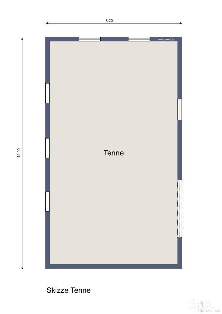 Skizze der Tenne mit großem offenen Bereich und Fenstern.