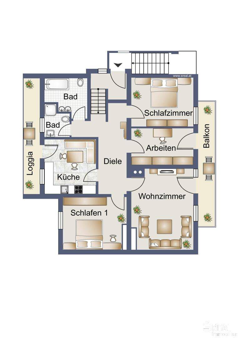 Grundriss einer Wohnung mit zwei Schlafzimmern, separater Küche, Wohnzimmer, zwei Bädern und Loggia.