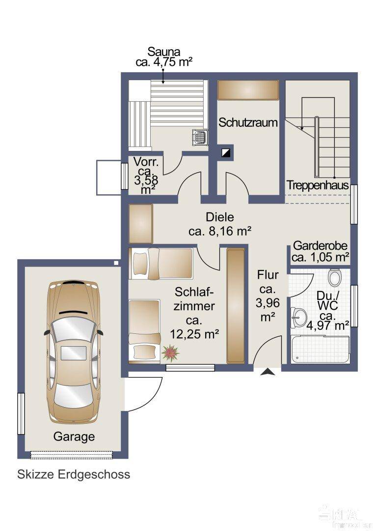 Grundriss des Erdgeschosses mit Schlafzimmer, Bad, Sauna und integrierter Garage.
