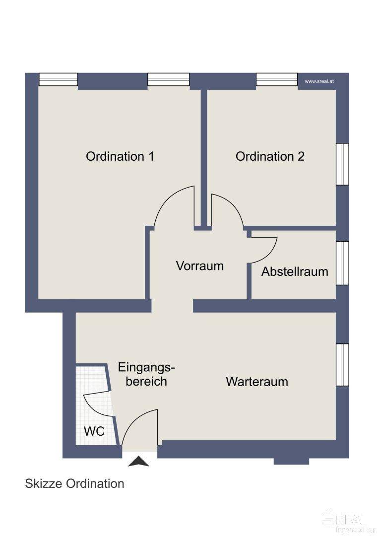 Grundriss einer Ordination mit Wartebereich, Empfang und zwei Behandlungszimmern.