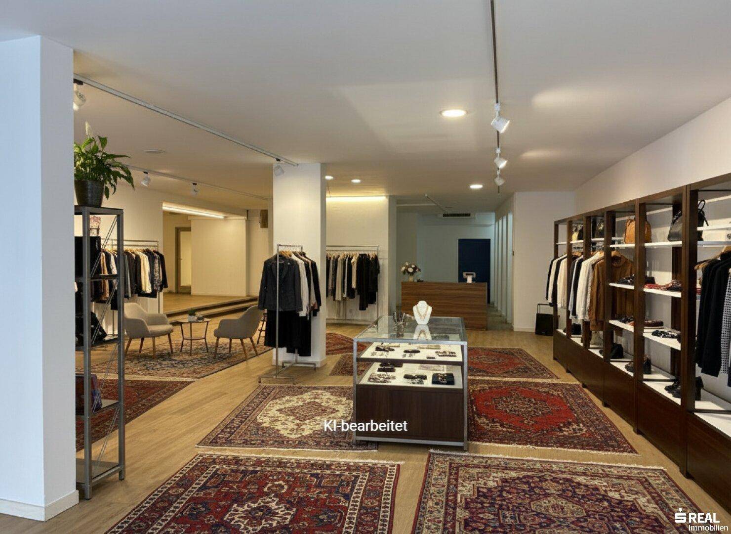KI-bearbeitete Ansicht einer stilvollen Boutique mit Kleiderständern, Teppichen und eleganten Präsentationsflächen.
