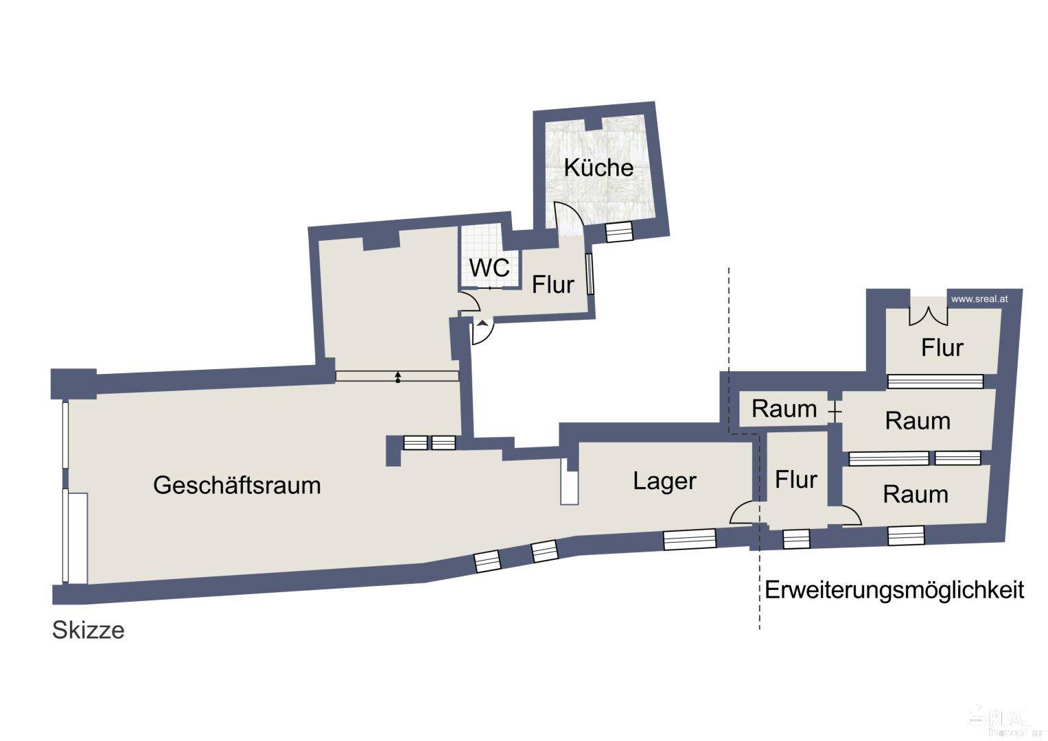 Grundriss des Geschäftsraums mit Lager, Küche und Erweiterungsmöglichkeit, übersichtlich dargestellt.