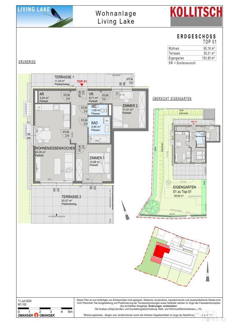 Grundriss einer Erdgeschosswohnung mit zwei Terrassen und eigenem Garten.