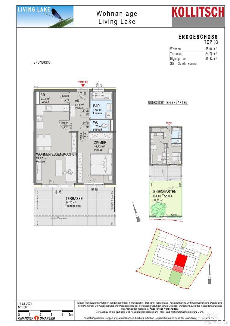 Grundriss der Erdgeschosswohnung mit Terrasse, Garten und offenem Wohnbereich.
