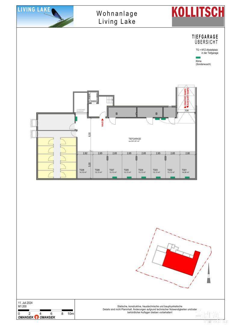 Grundriss der Tiefgarage mit mehreren Stellplätzen und Abstellräumen.