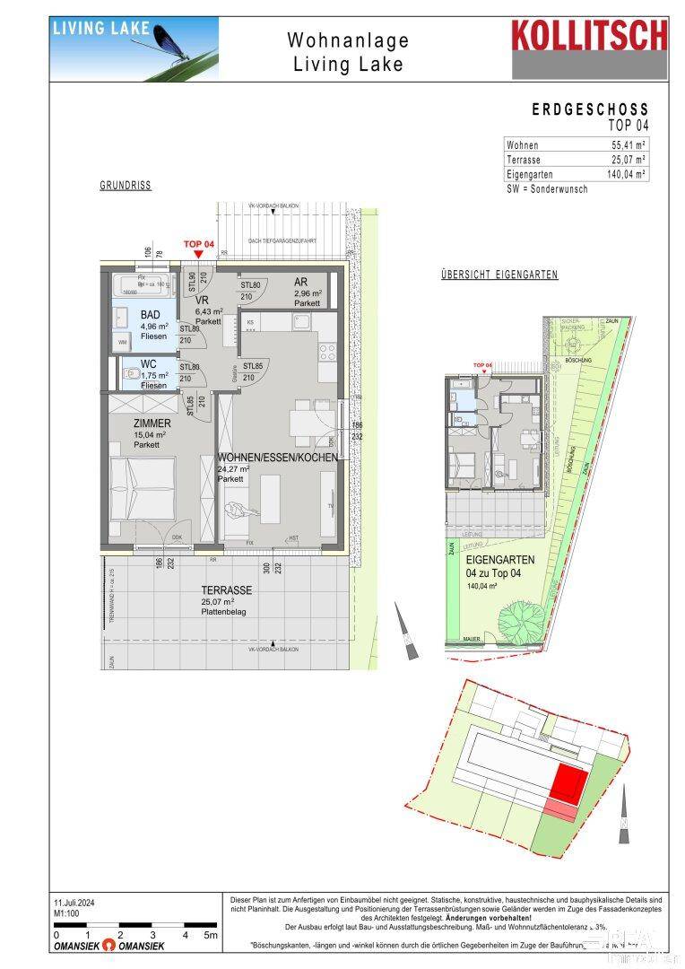 Grundriss einer Erdgeschosswohnung mit Terrasse, Garten und offenem Wohnbereich.