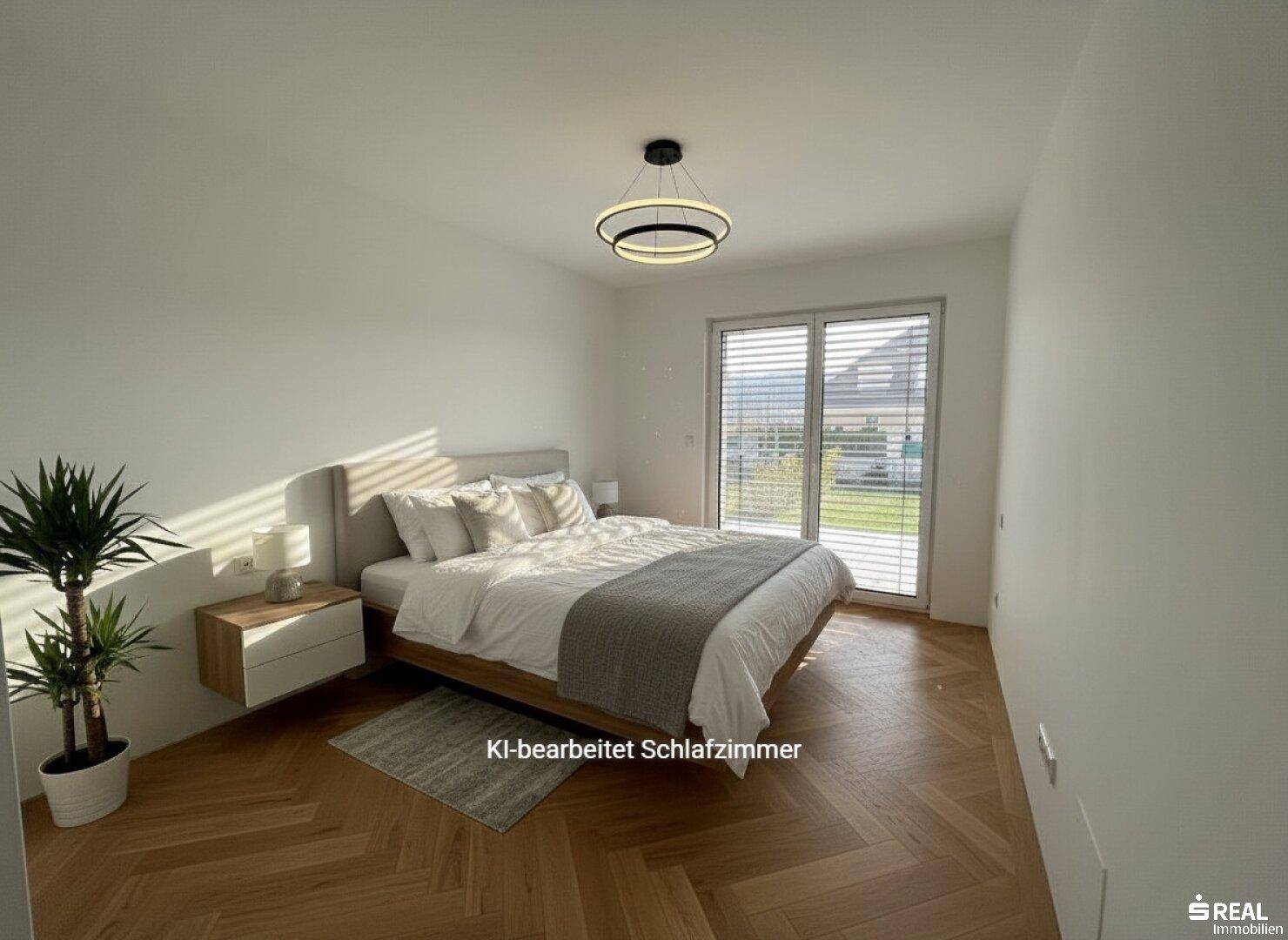 Helles Schlafzimmer mit Holzboden, großem Fenster und modernem Doppelbett.