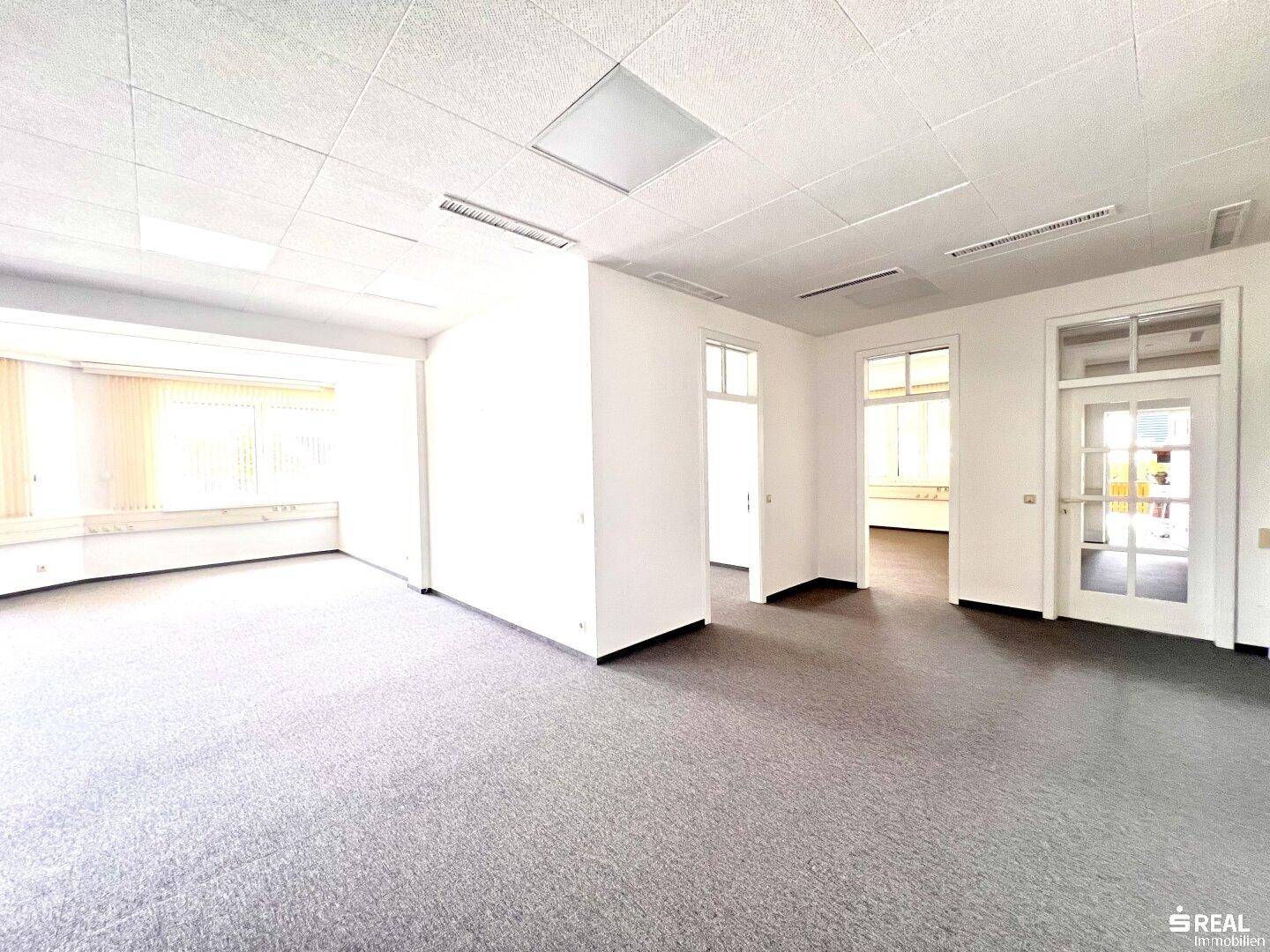 Offener Bürobereich mit Teppichboden, mehreren Türen und großen Fenstern, sehr hell.