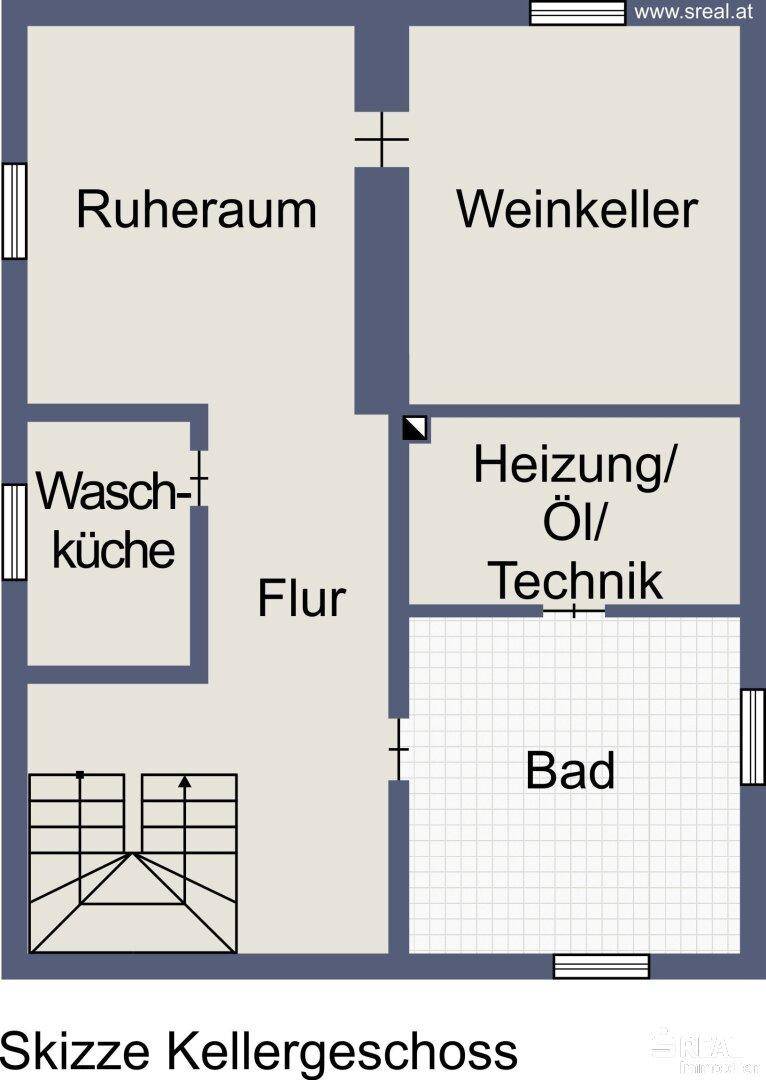 Grundriss des Kellergeschosses mit Ruheraum, Weinkeller, Waschküche und Bad.