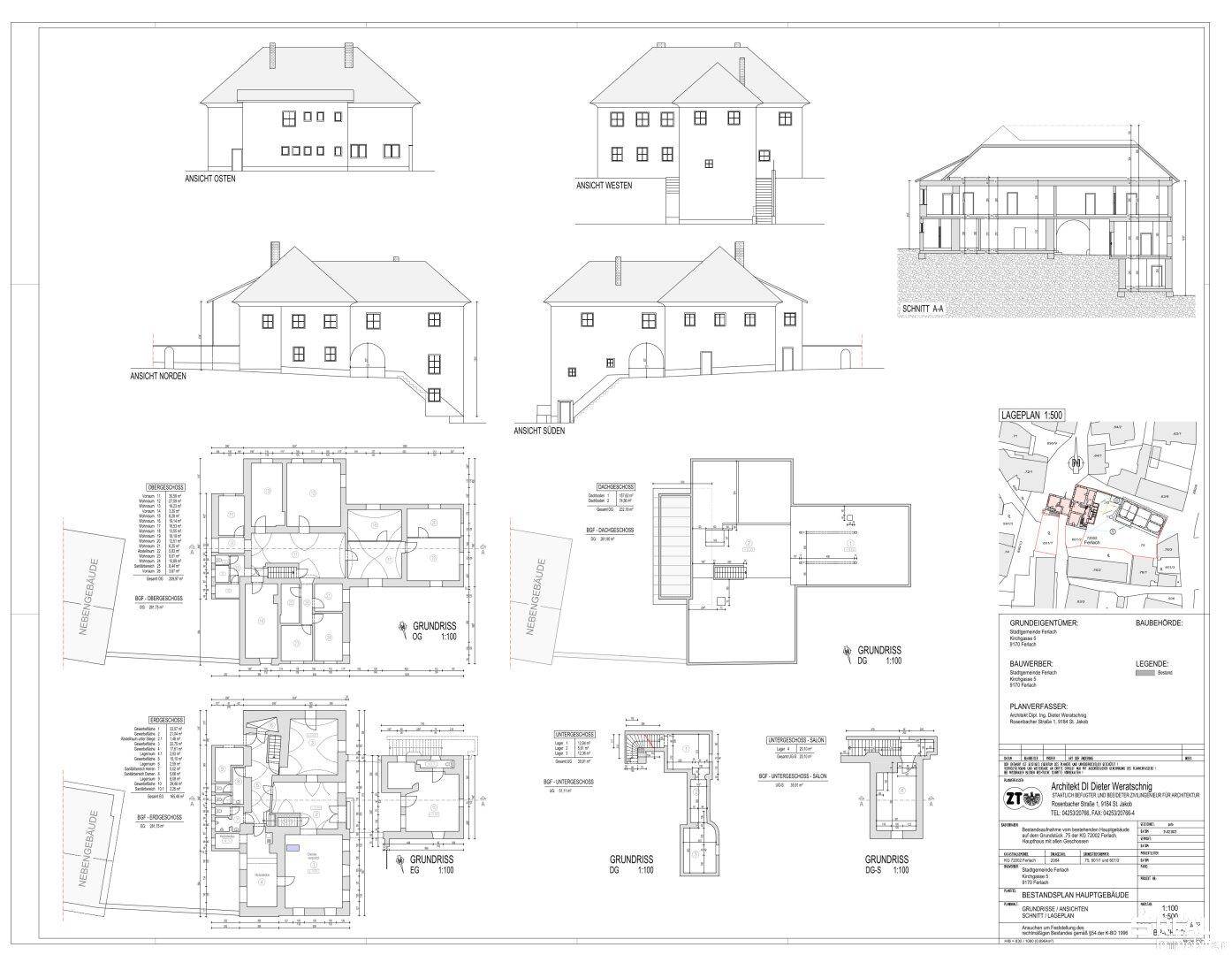 Umfassende architektonische Pläne mit Ansichten, Schnitten und Grundrissen des Hauptgebäudes.