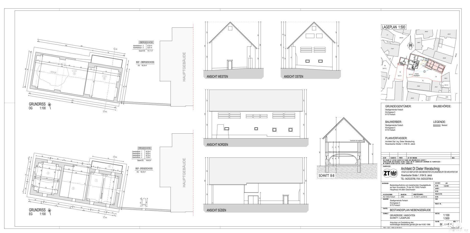 Architektonische Pläne mit Grundrissen und Ansichten eines Nebengebäudes und Lageplan.