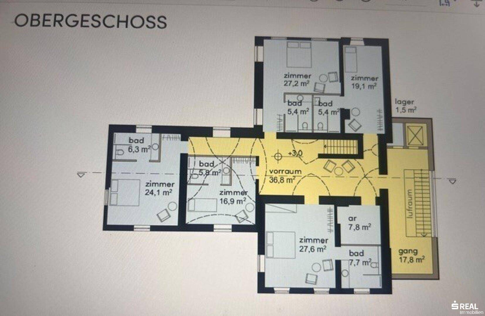 Grundriss des Obergeschosses mit mehreren Zimmern, Bädern und einem Vorraum.