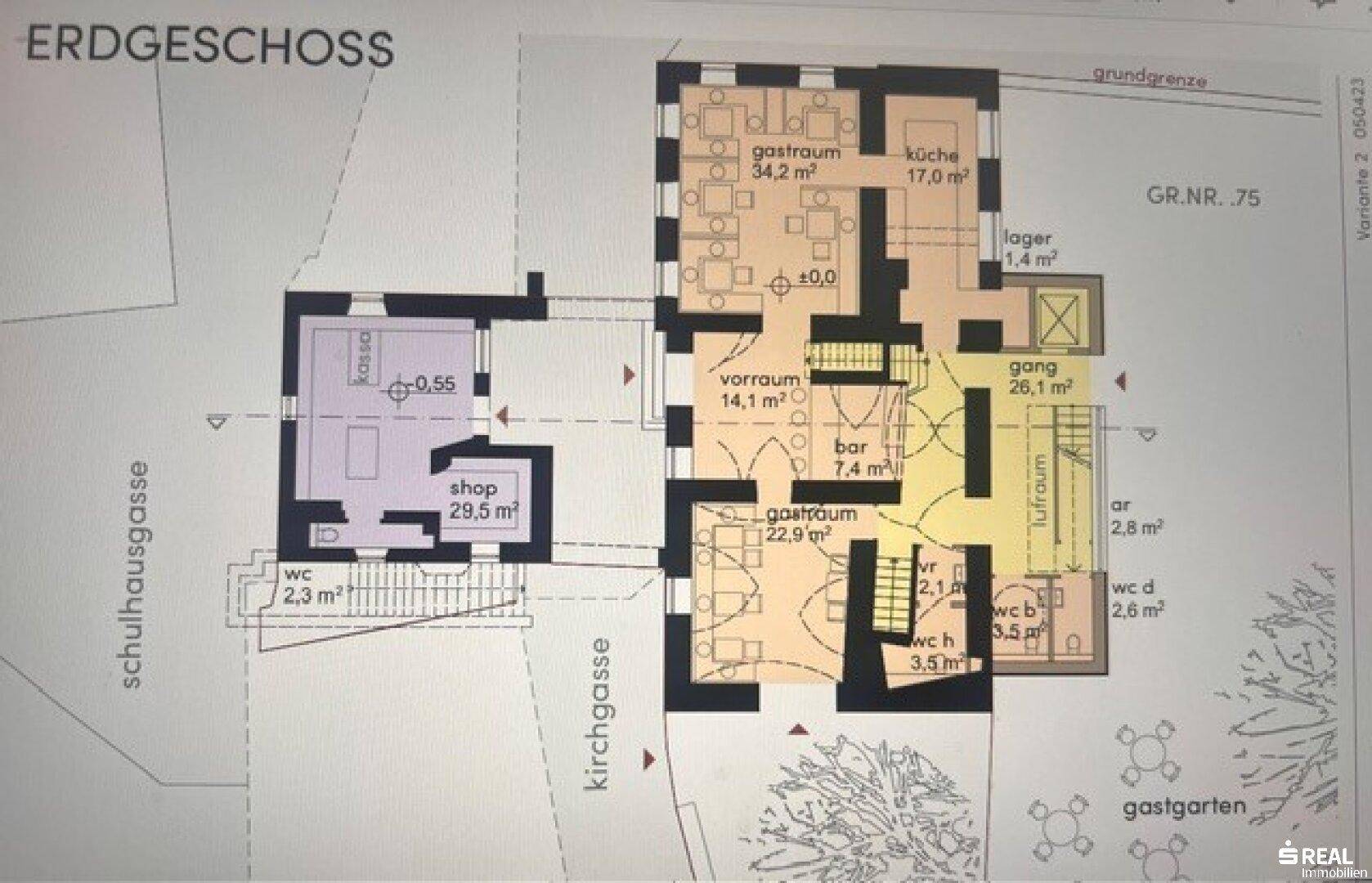 Grundriss des Erdgeschosses mit Gasträumen, Küche, Shop und mehreren WCs.