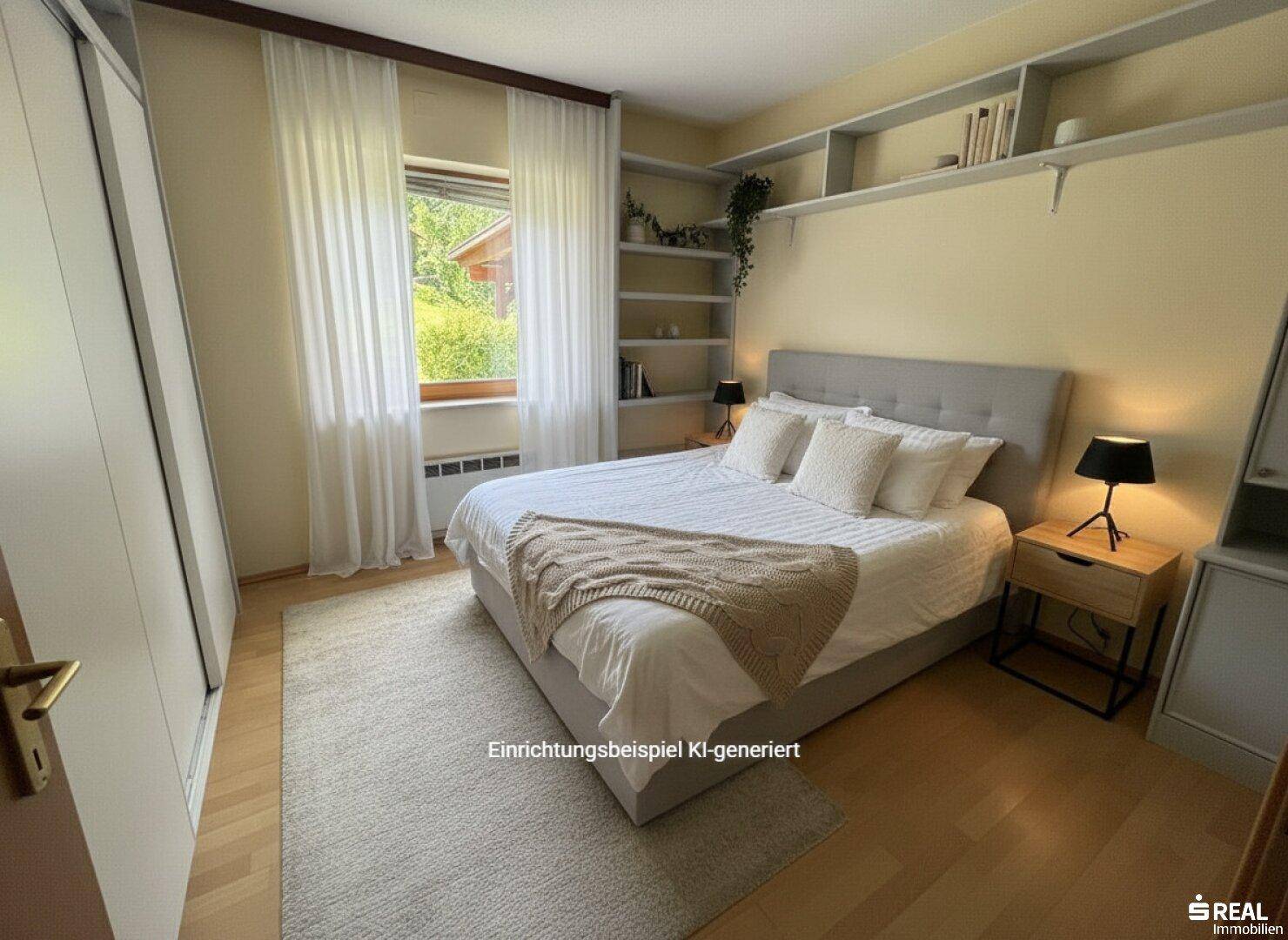 Gemütliches Schlafzimmer mit Doppelbett, Holzfußboden und eingebauten Regalen.