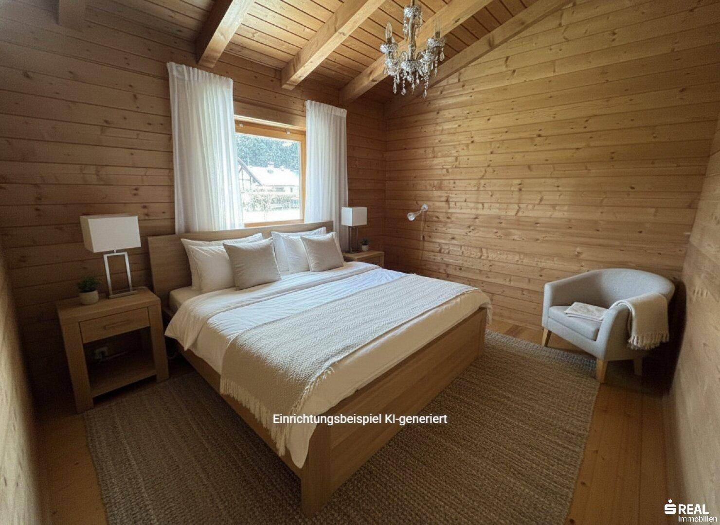 Gemütliches Schlafzimmer im Chalet-Stil mit Holzwänden, Holzboden und einem großen Doppelbett.