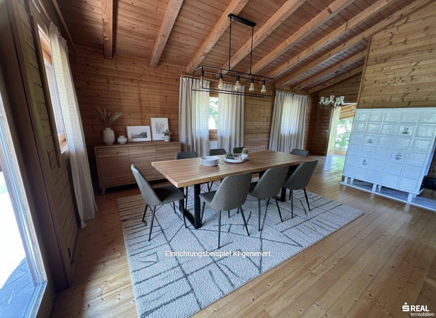 Heller Essbereich im Chalet-Stil mit Holzwänden, Holzboden und einem großen Esstisch.
