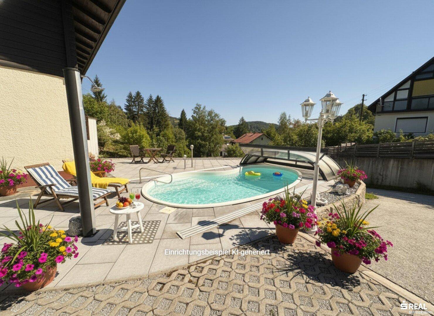 Sonniger Poolbereich mit Liegestühlen und Blumenkübeln, ideal zum Entspannen im Freien.
