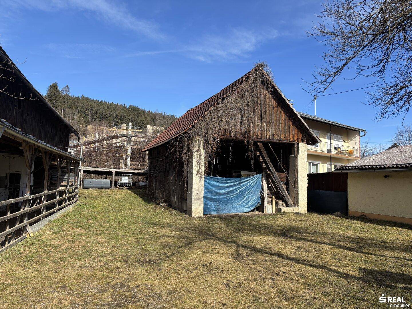 Altes Nebengebäude mit Holzdach und verwildertem Gartenbereich unter strahlend blauem Himmel.