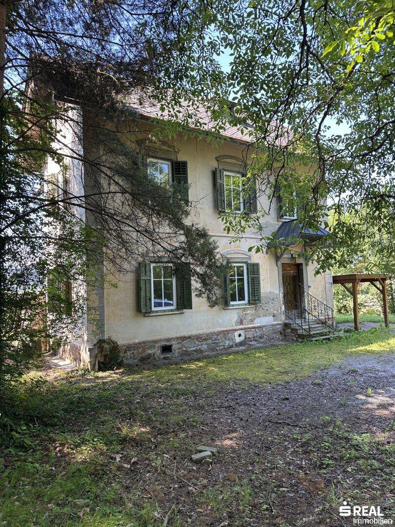 Vorderansicht des historischen Hauses im Sommer mit Eingangsbereich, grünen Fensterläden und üppiger Vegetation.