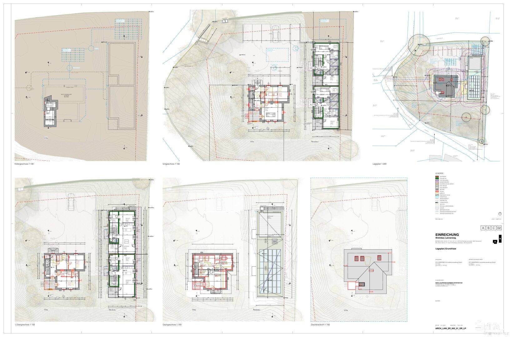 Eine Collage verschiedener Grundrisse und Lagepläne des Anwesens mit detaillierten Ansichten.