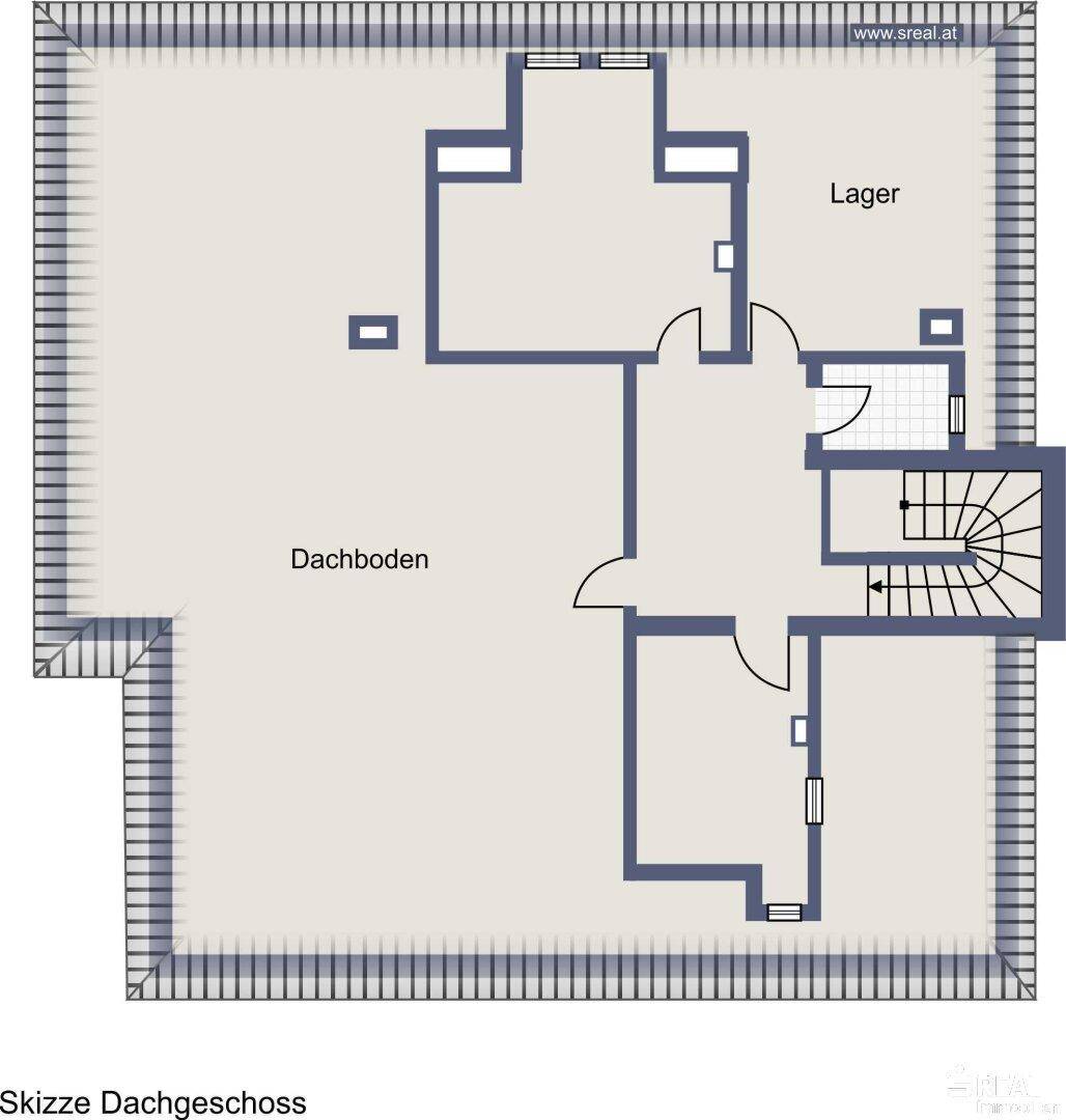 Grundriss des Dachgeschosses mit Dachboden und Lagerflächen.