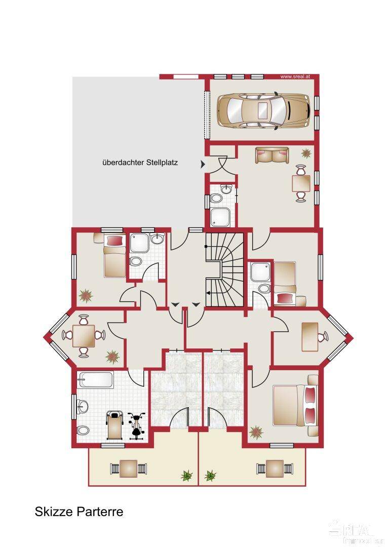 Grundriss des Erdgeschosses mit überdachtem Stellplatz, mehreren Zimmern und Bädern.