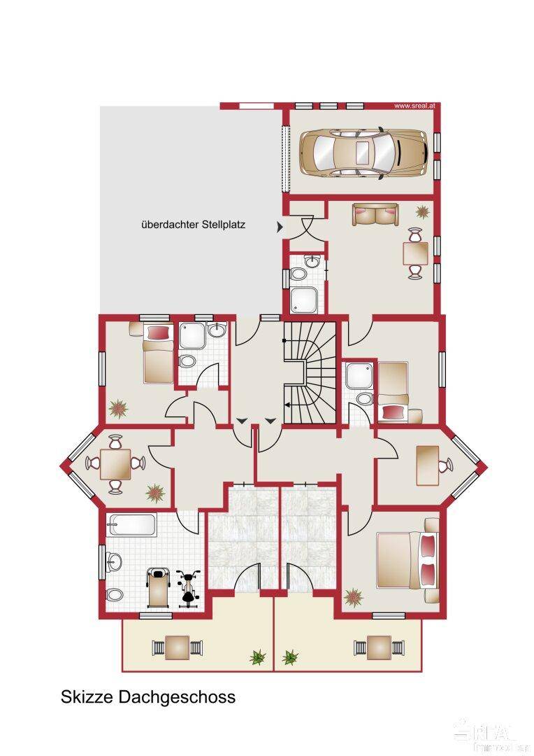 Grundriss des Dachgeschosses mit überdachtem Stellplatz, Schlafzimmern und Bädern.