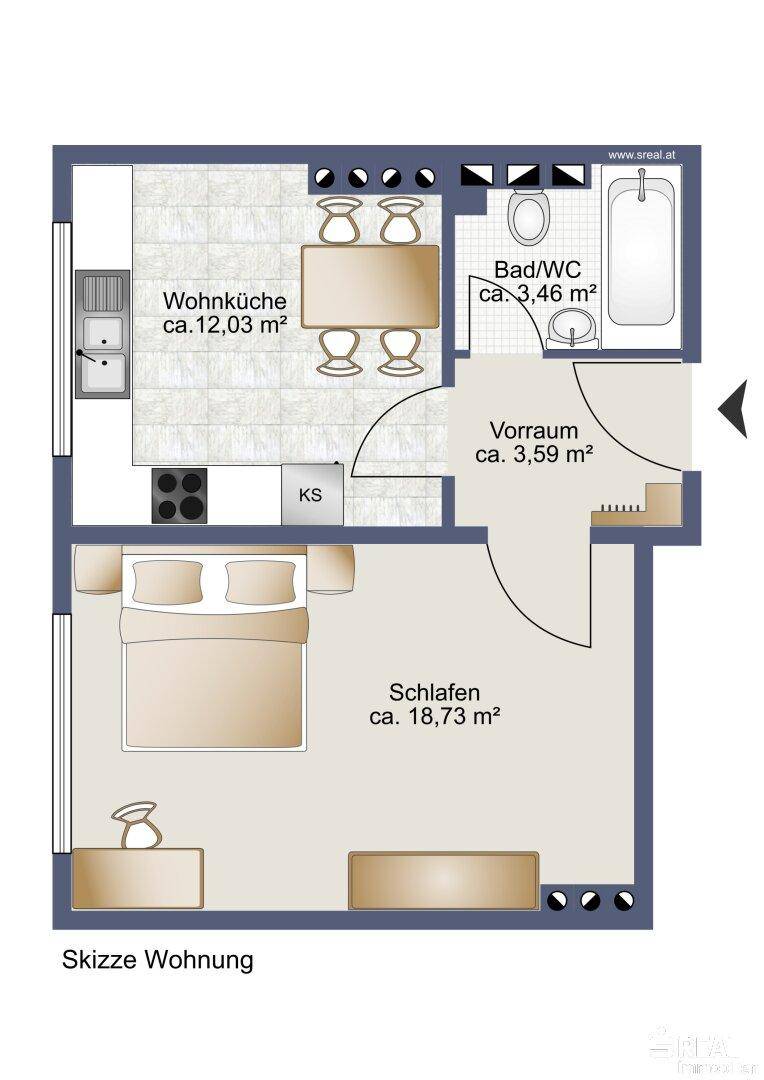 Detaillierter Grundriss einer Wohnung mit Wohnküche, Schlafzimmer und Bad.